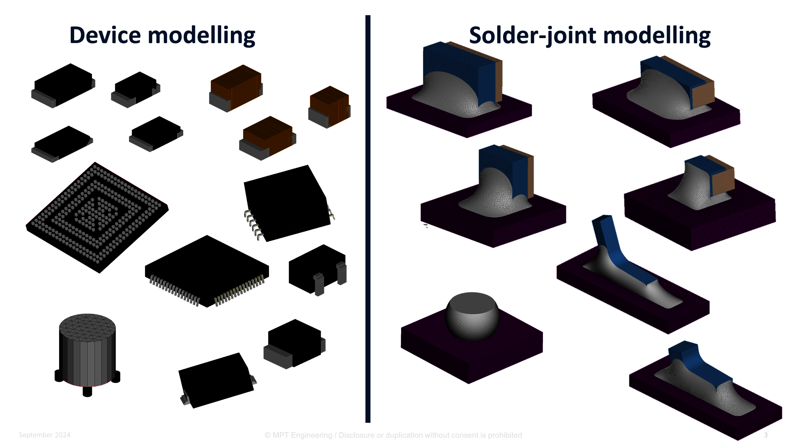 Left: Black electronic components, right: grey, blue, purple solder joints Models